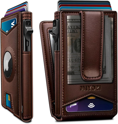 miyozi Airtag Wallet for Men Money Clip 9-Card Pop-Up Credit Card Holder with ID Window RFID Blocking Metal Case Magnetic Closure Front Pocket Wallet Gift Box | with Money Clip