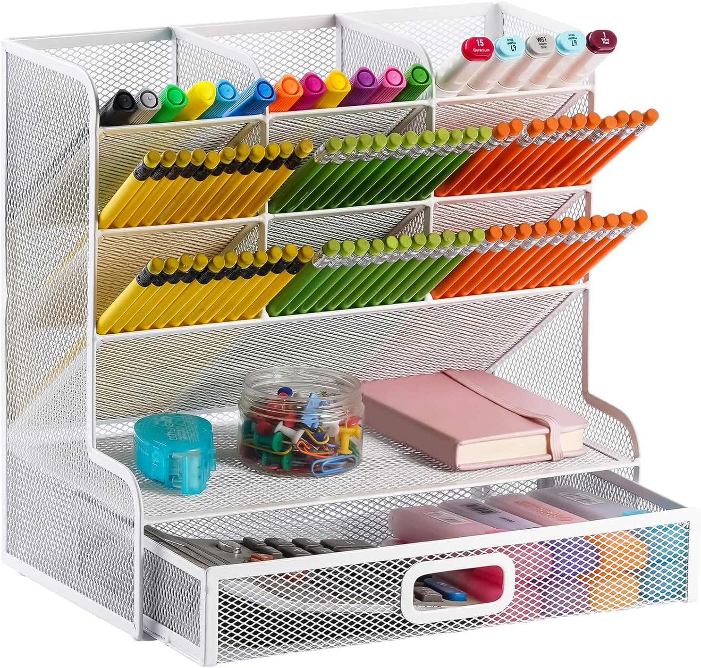 Marbrasse Larger Mesh Desk Organizer with Drawer, Multi-Functional Pen Pencil Holder, Easy Assembly, Desk Organizers and Accessories for Office Art Supplies (Black)