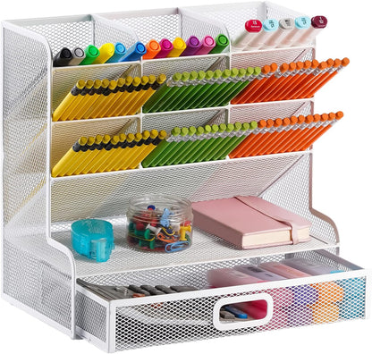 Marbrasse Larger Mesh Desk Organizer with Drawer, Multi-Functional Pen Pencil Holder, Easy Assembly, Desk Organizers and Accessories for Office Art Supplies (Black)