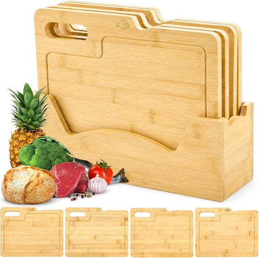 ZENFUN 4 Pack 12.5"L x 9.8"W Bamboo Cutting Boards with Holder, Wood Cutting Board Set, Chopping Boards Set with Food Icons, Kitchen Cutting Board Ideal for Meat, Fish, Bread, Vegetable, Fruit