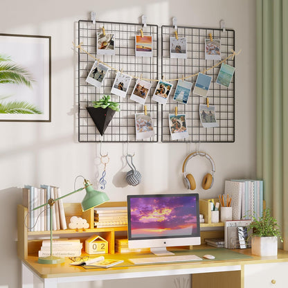 C&AHOME Photo Wall Display Set of 2, Grid Panel with Hooks, Clips, Hemp Cord, Hammer - 15.7" x 11.8", White UWWGM3402W