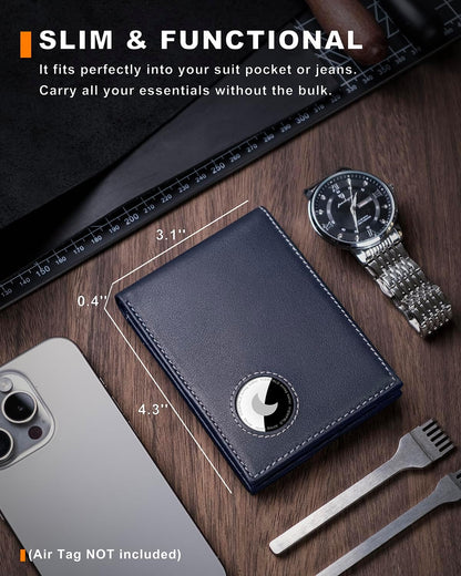 Men's Wallet with Airtag Holder, Bifold Full-Grain Leather Wallet for Apple Air Tag (1st & 2nd Generation), Slim Wallet for Men with RFID Blocking, 11 Card Slots