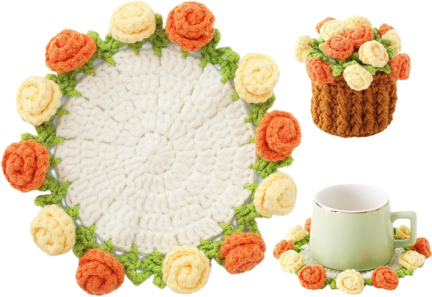 Flower Crochet Coasters, Handmade Bouquet Blanket Coaster with Crochet Plant Pot Fun Soft Decorative Drink Coasters for Coffee Tabletop Protection and Home Decor (Pink, 1Pc)