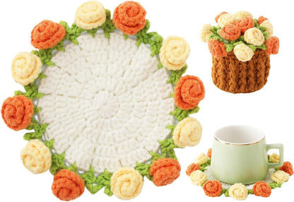 Flower Crochet Coasters, Handmade Bouquet Blanket Coaster with Crochet Plant Pot Fun Soft Decorative Drink Coasters for Coffee Tabletop Protection and Home Decor (Pink, 1Pc)