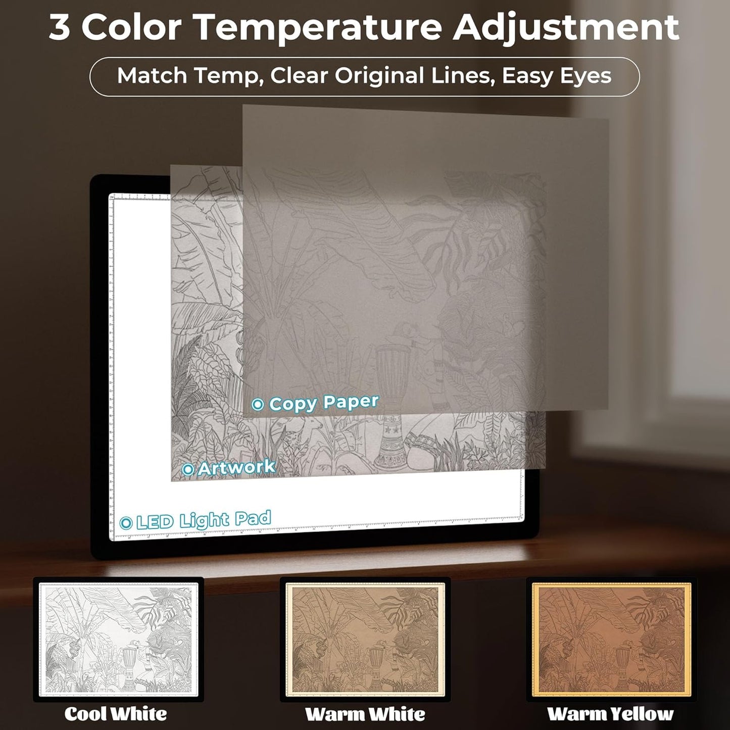 Bylitodt Rechargeable A3 Light Pad, Diamond Art Light Board, 16.7x13.5 inch Lightbox for Tracing and Drawing with 3 Colors & 6 Brightness, Tracing Pad for Weeding Vinyl, Diamond Painting Accessories