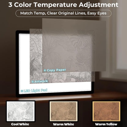 Bylitodt Rechargeable A3 Light Pad, Diamond Art Light Board, 16.7x13.5 inch Lightbox for Tracing and Drawing with 3 Colors & 6 Brightness, Tracing Pad for Weeding Vinyl, Diamond Painting Accessories