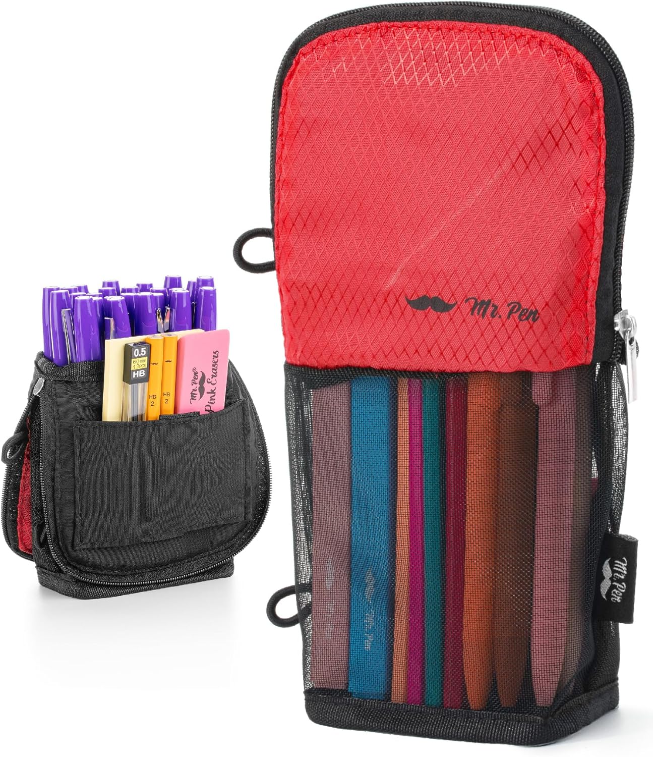 Mr. Pen- Standing Pencil Case Pouch, Sit & Lay Mesh-View Design, Black & Gray, Interior Pocket & 2 Elastic Binder Loops, Cute Pencil Case for Girls and Boys