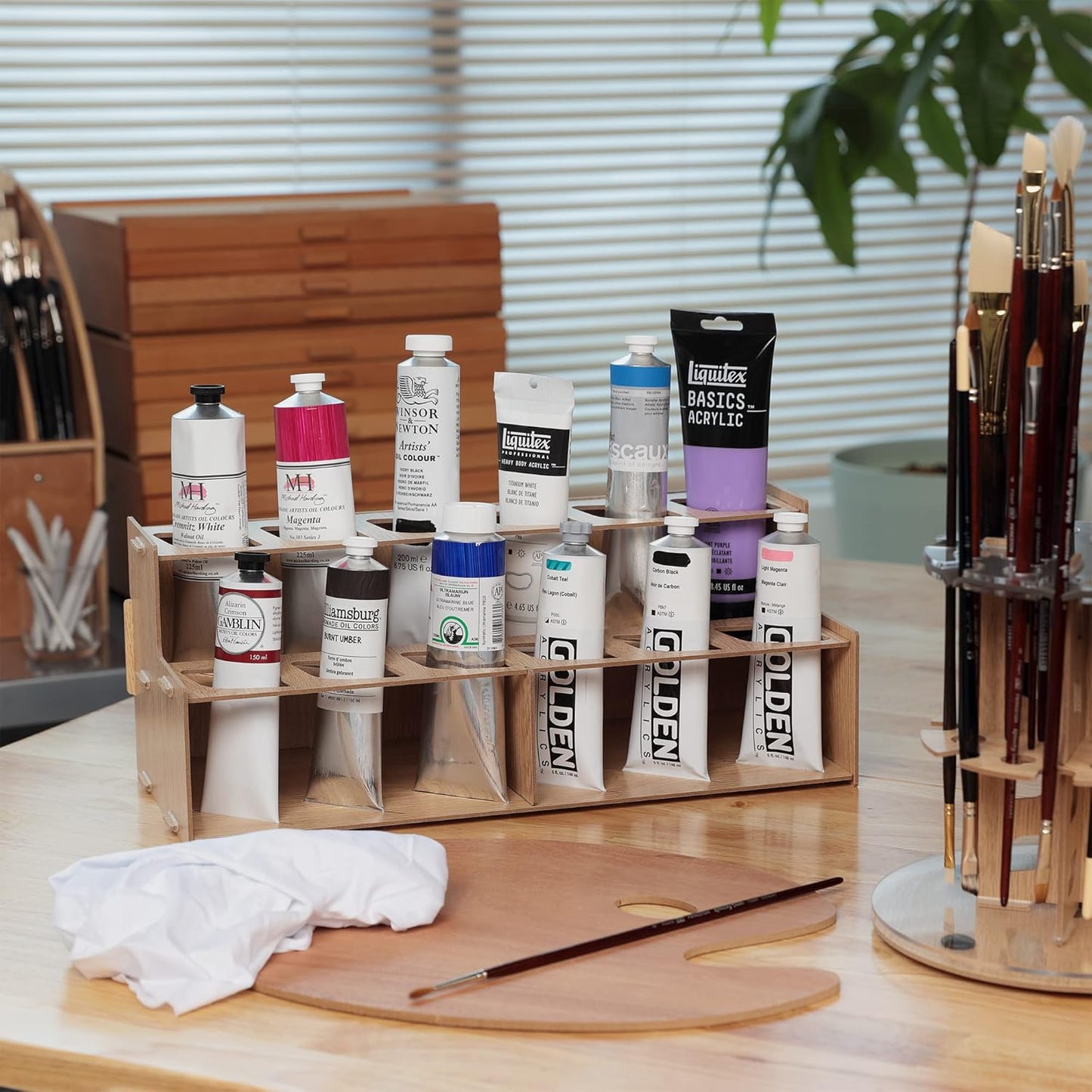 HG Art Concepts Mezzo Artist Drawing Rack - Wood Grain Laminate Multi Layer Desk Stand Professional Storage Display Organizer for Pens, Pencils, Drafting and all other Drawing Tools