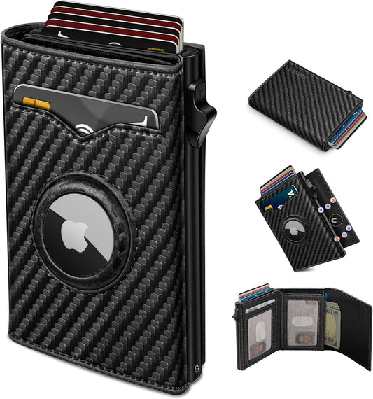 miyozi Airtag Wallet for Men,with Cash Pocket 2 ID Window 9-12 Cards,Metal Case Smart Slim Pop Up Credit Card Holder Flip with Magnetic Closure RFID Blocking Trifold wallet with Gift Box