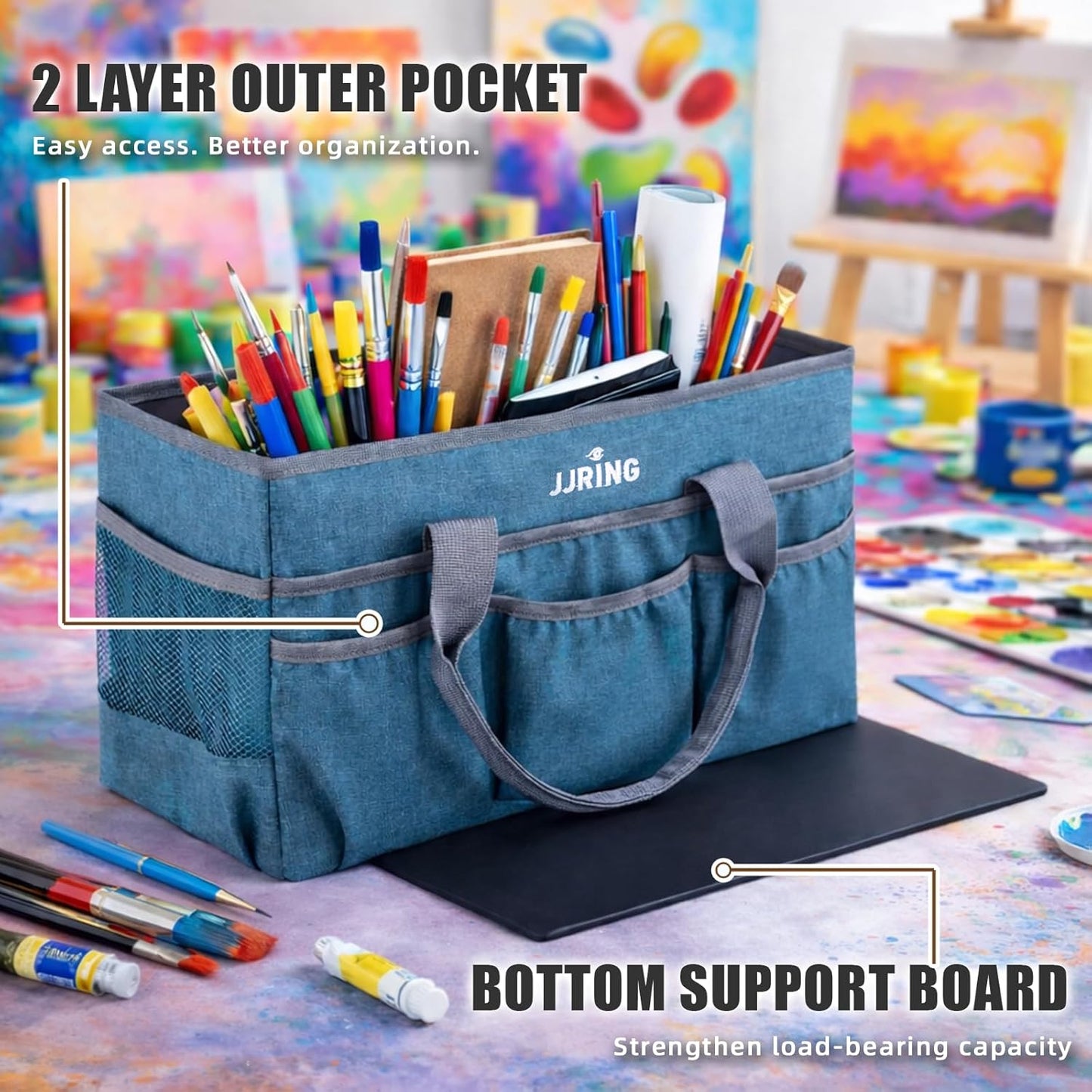 JJRING Large Art Supply Storage Tote Bag With 2 Mesh Side Pockets & Front Elastic Pockets – Sturdy Craft Organizer Caddy with Reinforced Bottom For Sewing, Scrapbooking, Teachers & Artists(Green) | Breathable Material