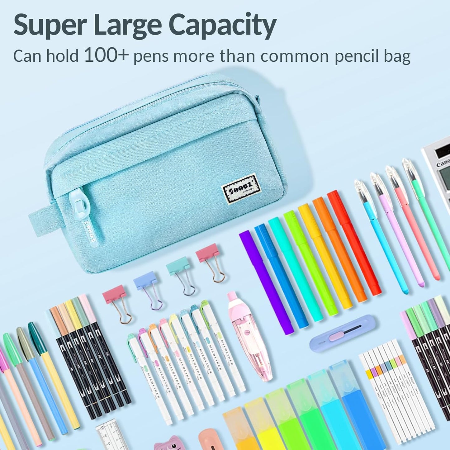Sooez Original High Capacity Pencil Case, Big Pencil Bag Pouch Box Organizer Pen Case, Aesthetic Supply for Girls Adults, Portable Journaling Supplies with Easy Grip Handle & Loop, Mint Green