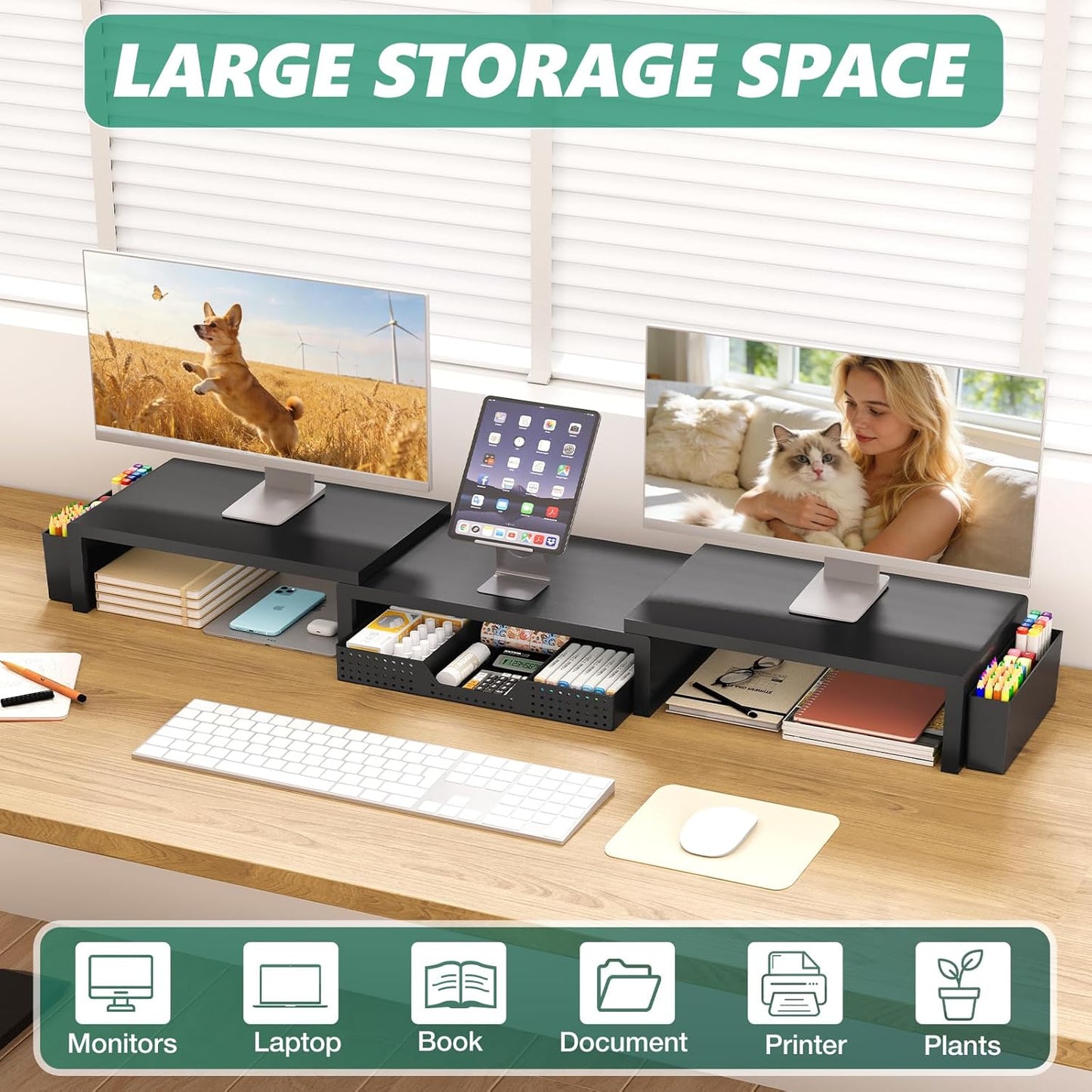 OPNICE Wood Desk Organizers and Accessories, 2-Tier Computer Monitor Stand Riser with Drawer and 2 Pen Holders, Laptop Stand, Office Desk Accessories for Office Supplies, Brown