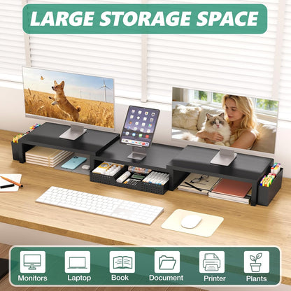 OPNICE Wood Desk Organizers and Accessories, 2-Tier Computer Monitor Stand Riser with Drawer and 2 Pen Holders, Laptop Stand, Office Desk Accessories for Office Supplies, Brown
