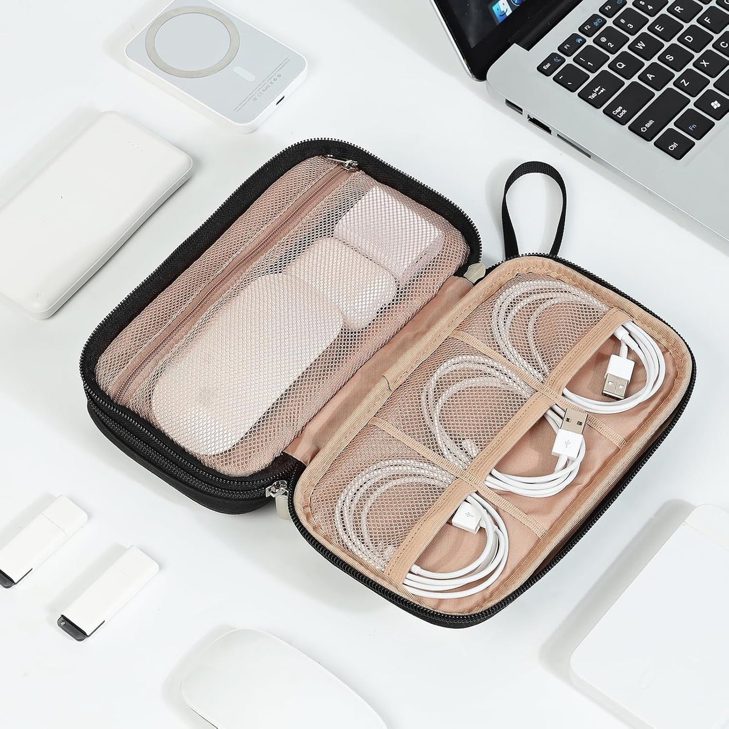 NISHEL Travel Cord Organizer Case, Double Layers Tech Electronic Bag, Essentials for Charger, Cable, Phone, Flash drive, Medium, Pink