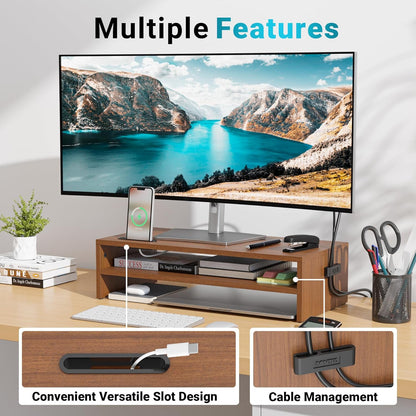 BONTEC Wooden Monitor Stand Riser for Desk, 2-Tier Computer Monitor Stand with Storage, 66 lbs Desk Shelf Organizer, Laptop & Printer Stand with Phone Holder and Cable Management, White, 16.5 Inch
