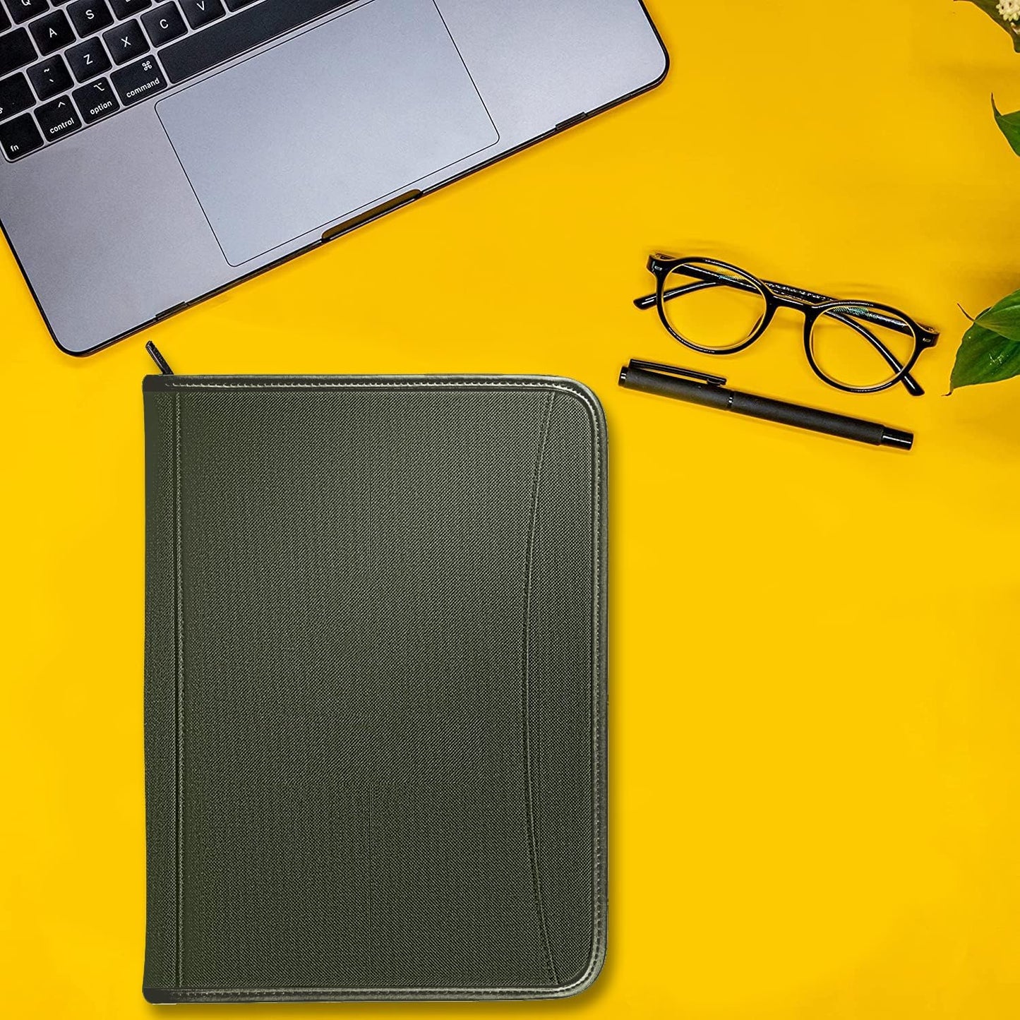 Zippered Portfolio Organizer/ A4 Refillable Lined Writing Notepad Folder Case/Fabric-Covered Padfolio Binder with Interior Storage Pocket for Men Women.Classic Black