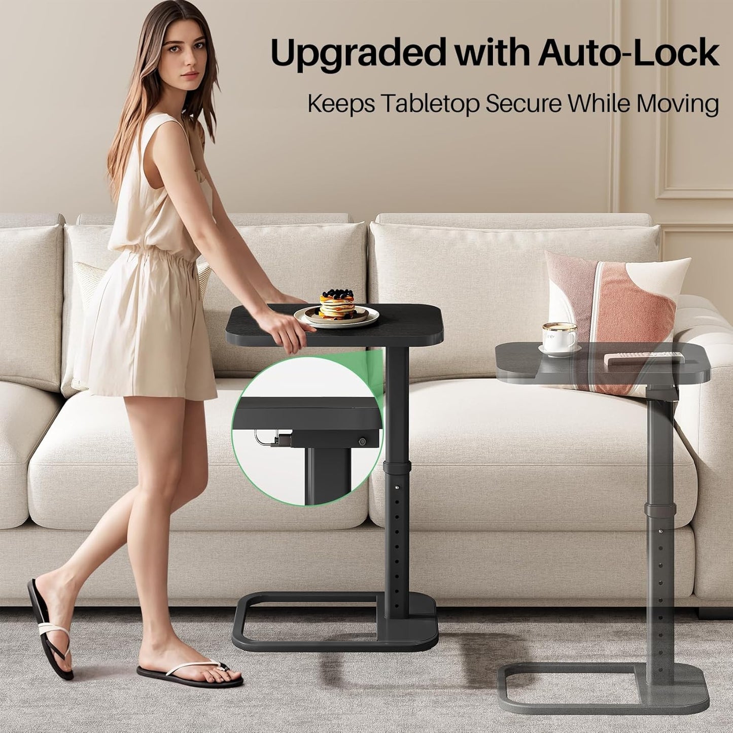 Kitstorack TV Tray Table, Adjustable Height & Flip-Top & Rounded Metal Corners, Snack Table for Couch, Sofa, Bed, Chair, Living Room, C Shaped End Side Table for Eating, Dinner or Laptop, Small Spaces