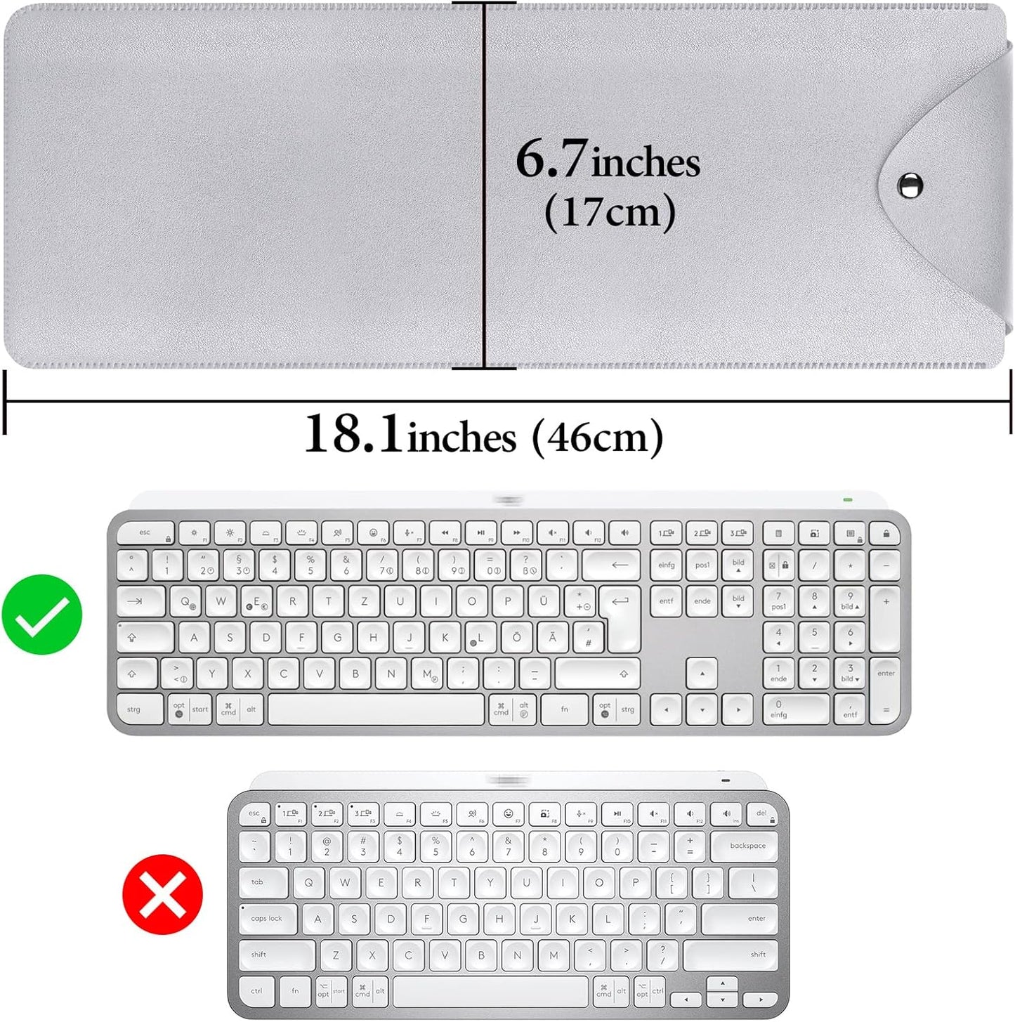 Geekria Slim Keyboard Sleeve Case, Vegan Leather Travel Portable Bag, Compatible with Apple Magic Keyboard with Numeric Keypad, Logitech MX Keys S/MX Keys / MK955(Light Gray)
