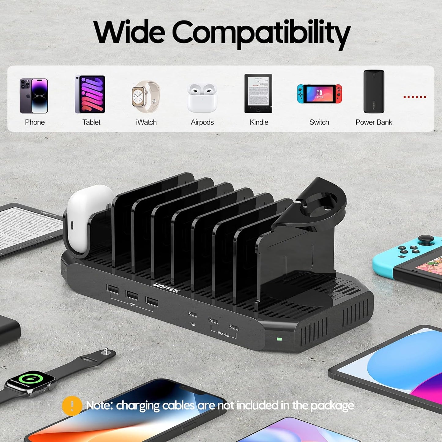 Unitek Multi Charging Station, 10-Port USB Charger for Multiple Device with SmartIC Tech and Adjustable Dividers, Organizer Stand Compatible with iPad, Tablet, Kindle, iPhone