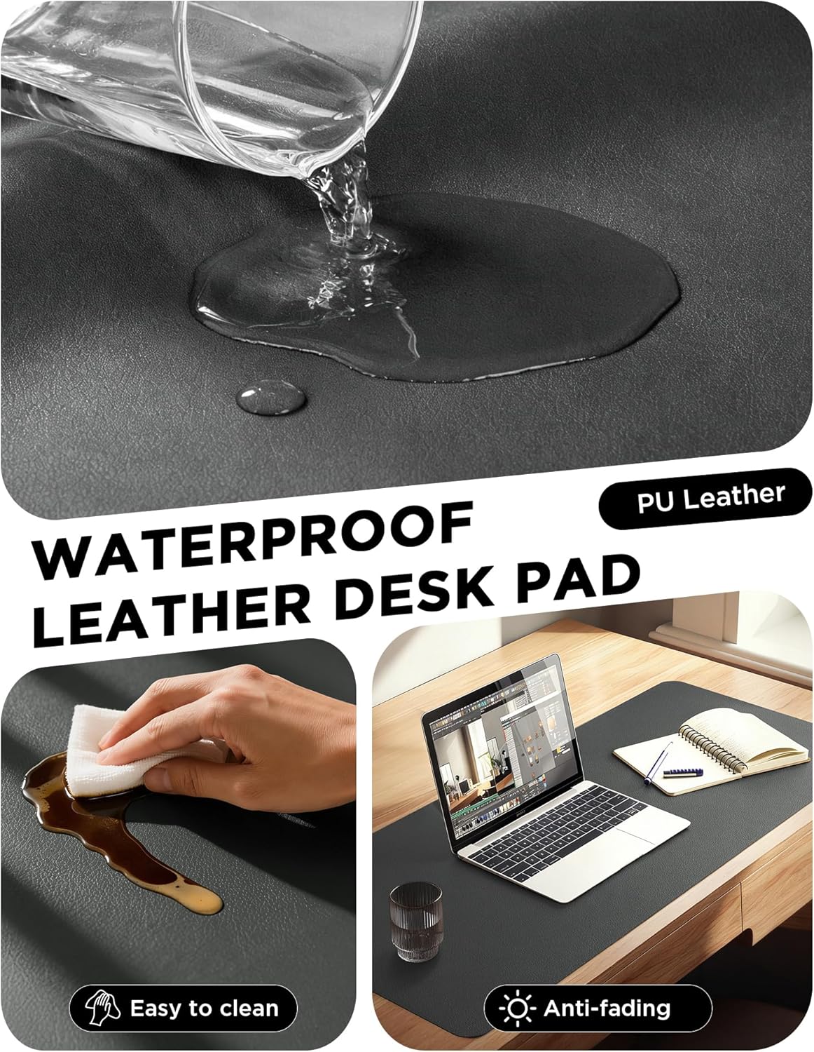YSAGi 35.4" x 17" Large PU Leather Desk Mat for Keyboard and Mouse - Waterproof Non-Slip Desk Pad Protector for Office, Home, Writing Desk, Black