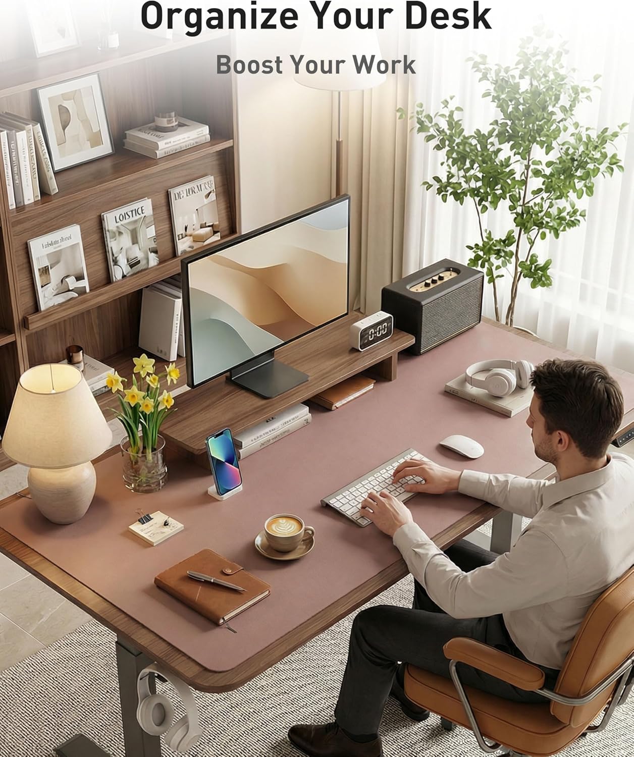 Aothia Non-Slip PU Leather Waterproof Laptop Desk Pad Protector, Blotter Mat, Writing and Mouse Pad for Office & Home, Beige, 23.6" x 13.7" - Colors B