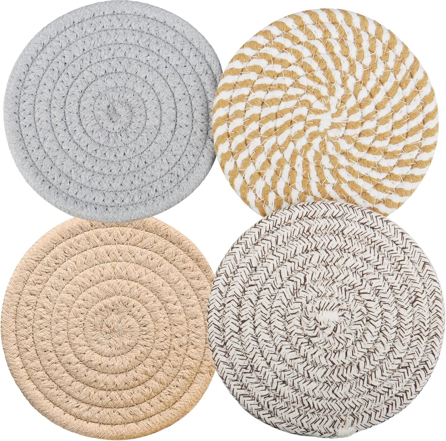 4.8" Drink Cotton Coasters Set of 2 – Boho Woven Drink Pads for Coffee & Tea, Neutral Sandstone Blend Fabric Cup Mats for Desk, Table, Nightstand, Dorm, Giftable Absorbent Coaster Set (Latte)