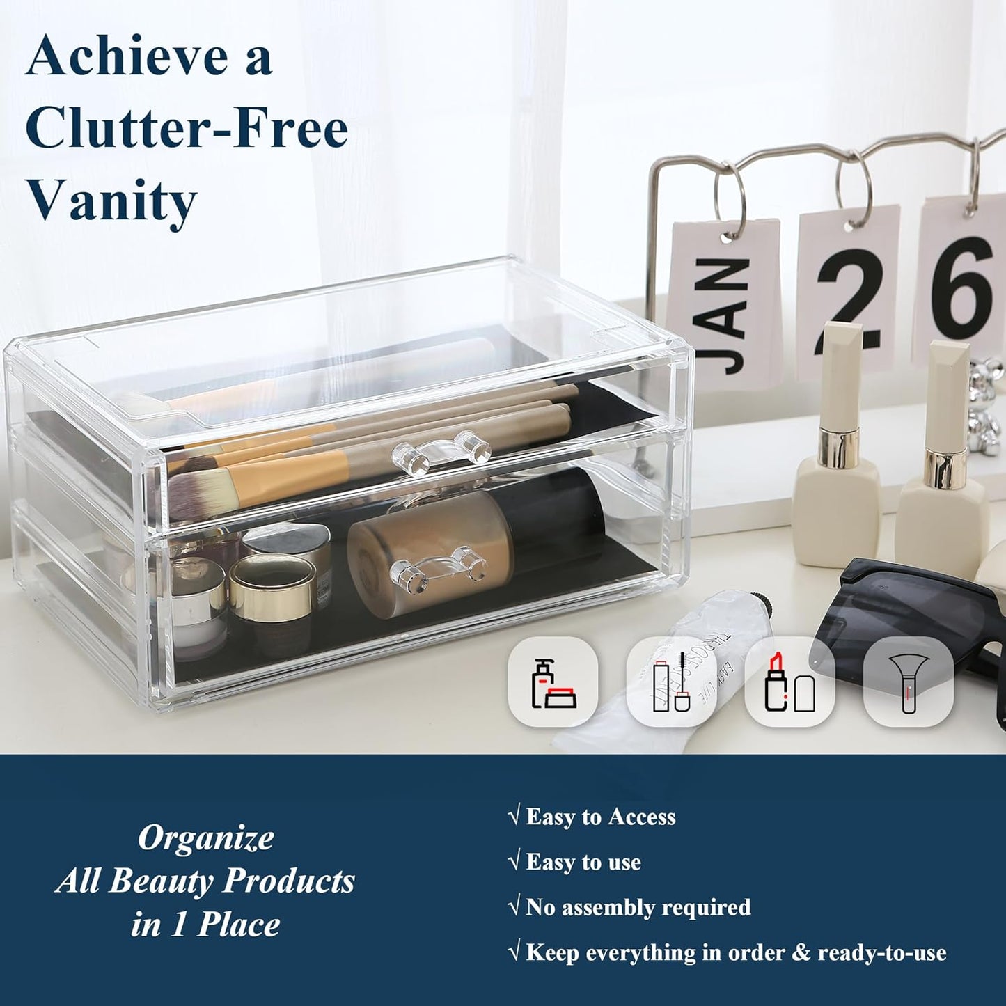 Sea Team Clear Makeup Organizer with Drawers, Acrylic Plastic Cosmetic Display Case, Jewelry Storage Box, Holder for Dresser, Bathroom, Vanity, Countertop (3 Middle Drawers)