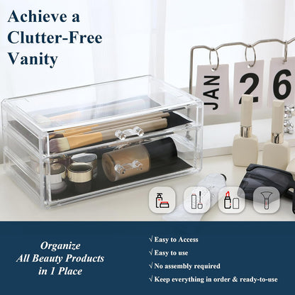 Sea Team Clear Makeup Organizer with Drawers, Acrylic Plastic Cosmetic Display Case, Jewelry Storage Box, Holder for Dresser, Bathroom, Vanity, Countertop (3 Middle Drawers)