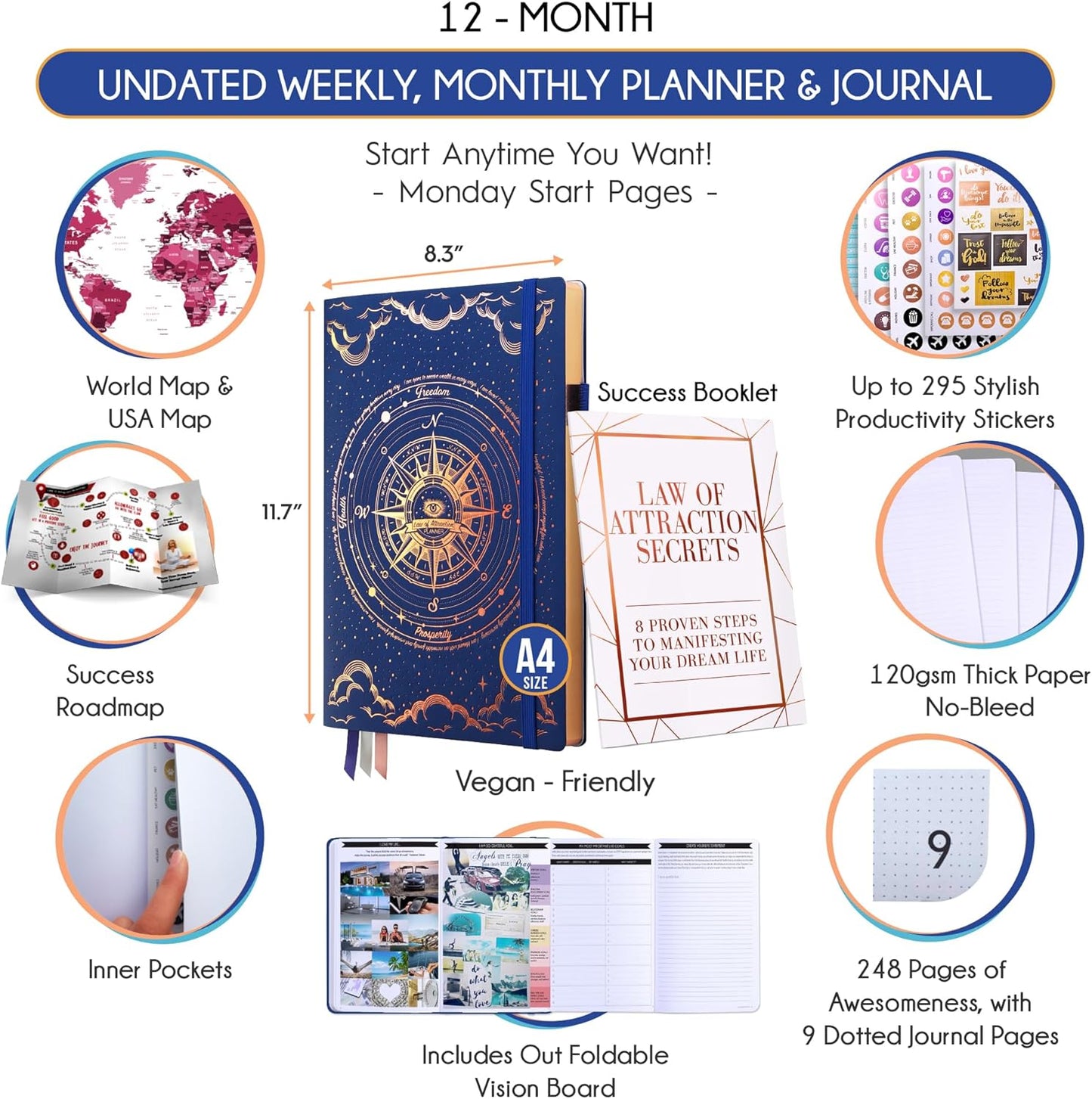 Life Planner - Undated Weekly & Monthly Planner, 12-Month Journey to Increase Productivity | Gratitude Journal, Life Organizer & Goal Journal | Include Foldable Vision Board, Habit Tracker & Stickers