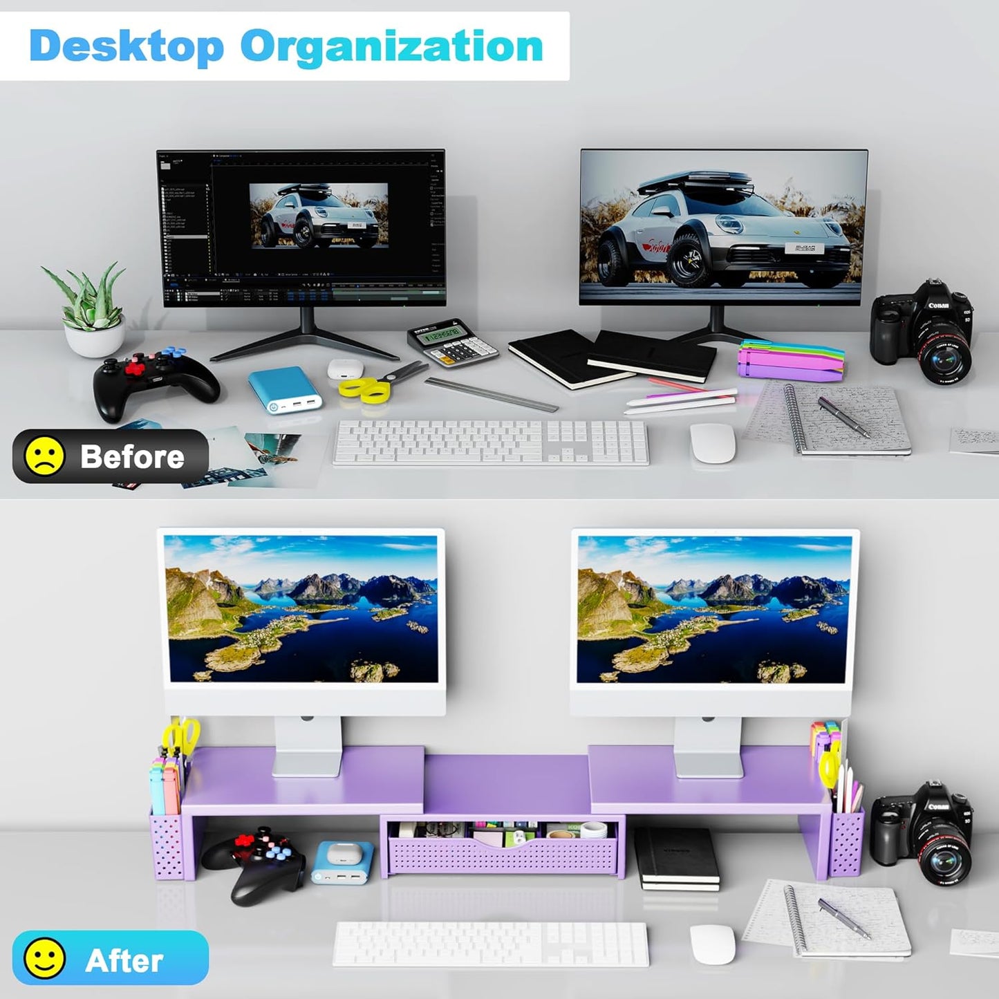 Spacrea Metal Desk Organizers and Accessories, Dual Monitor Stand Riser with Drawer and 2 Pen Holders, Desk Accessories & Workspace Desktop Organizers for Office Supplies (Wood)
