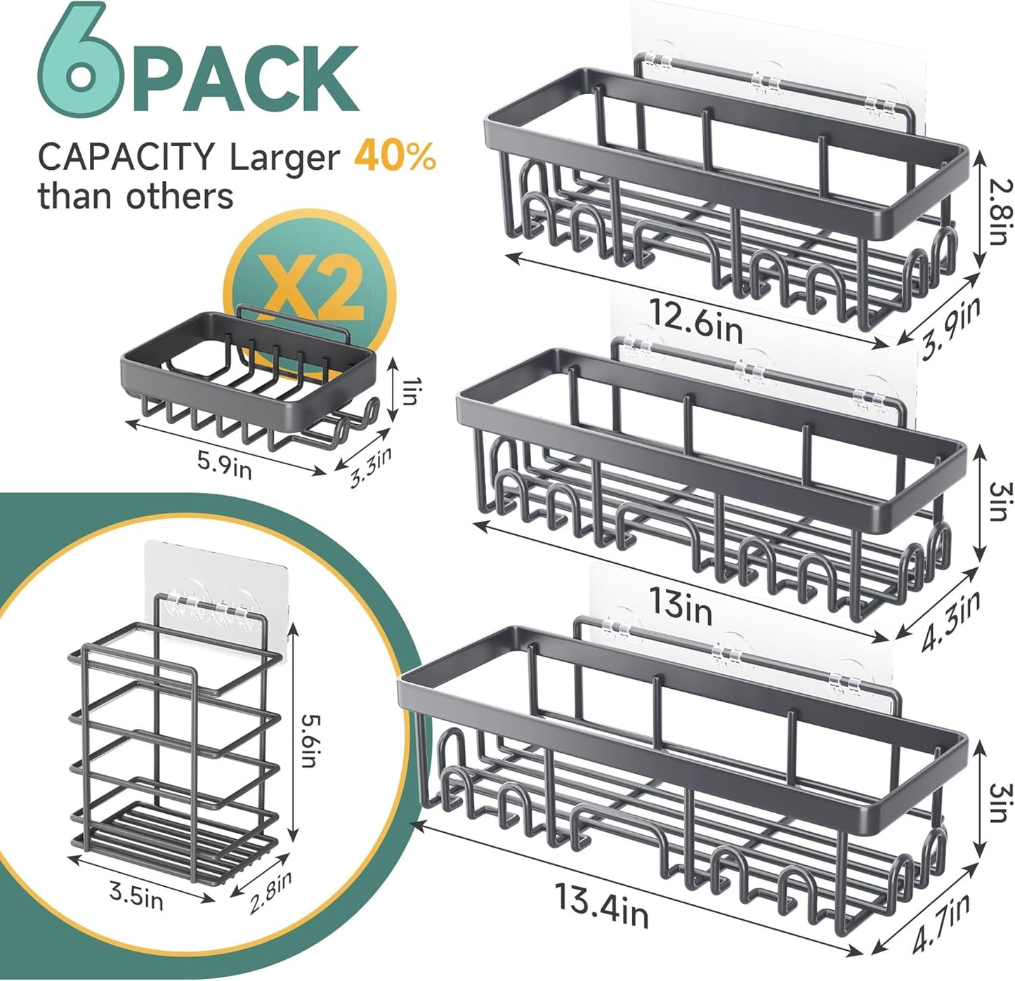 Veken Shower Caddy 6-Pack, Advanced Rustproof Design, No Drilling Adhesive Shelves, Rack with Soap Holder, Large Capacity Bathroom Organizers and Storage, Wall-Mounted Kitchen & Home Decor