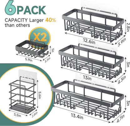 Veken Shower Caddy 6-Pack, Advanced Rustproof Design, No Drilling Adhesive Shelves, Rack with Soap Holder, Large Capacity Bathroom Organizers and Storage, Wall-Mounted Kitchen & Home Decor