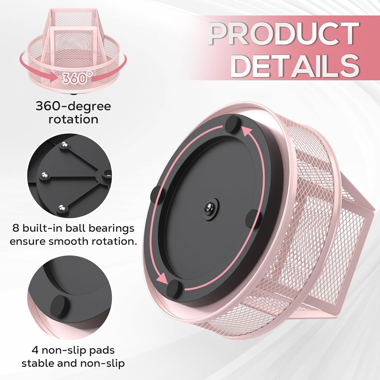 YINGHUA Metal Mesh Desk Organizer with 5 Compartments and Rotating Pencil Holder Pen and Stationery Organizer for Office Home School Anti Slip Base Black