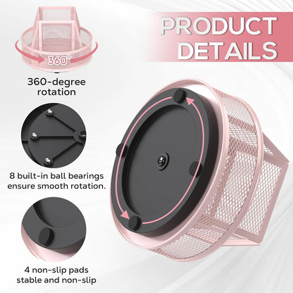 YINGHUA Metal Mesh Desk Organizer with 5 Compartments and Rotating Pencil Holder Pen and Stationery Organizer for Office Home School Anti Slip Base Black
