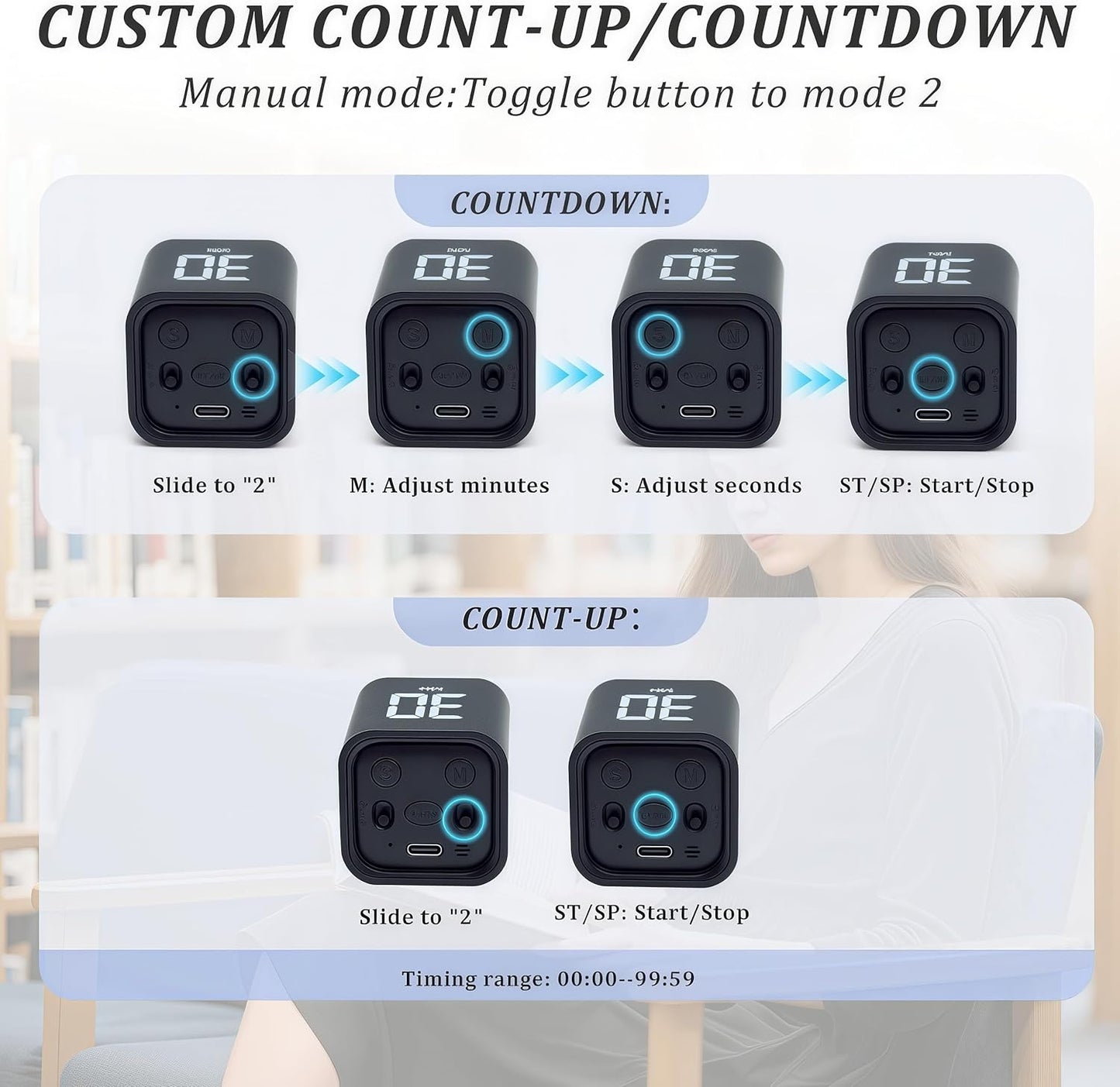 Rotating Pomodoro Timer 5,10,30, 60 Minutes Preset,Desk Productivity Flip Timer, Visual Cube Countdown Stopwatch,Custom Modes/Vibration/High/Low Volume,ADHD Timers, for Study, Work, School, Kitchen