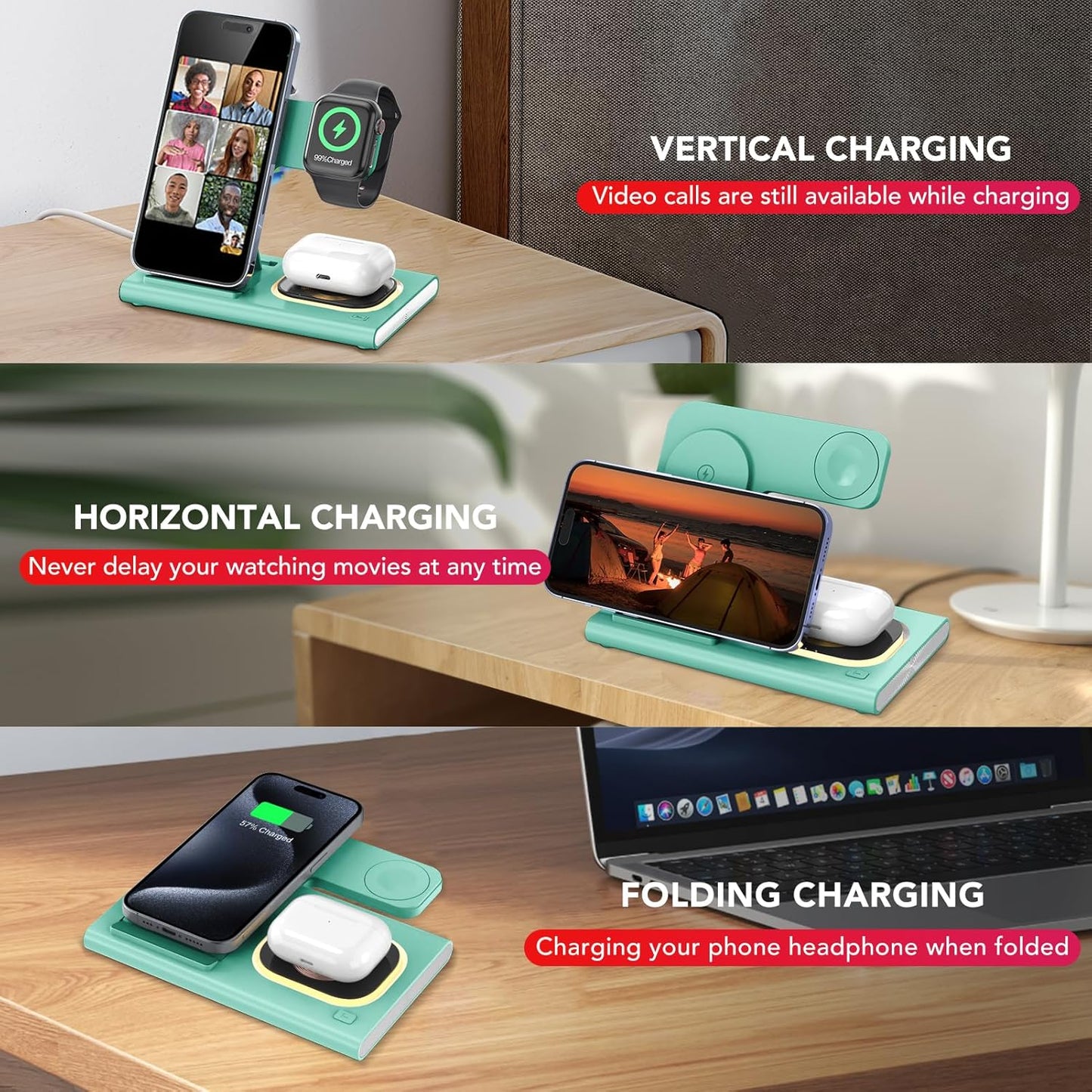 3 in 1 Foldable Charging Station for Apple Products,Wireless Charger for iPhone 17 16 15 14 13 12 Pro Max,Travel Dock Adapter&Light for iWatch Series 11 10 9 Ultra 3/2 SE 3/2,for AirPods 4 3 2 Pro 3/2