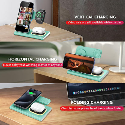 3 in 1 Foldable Charging Station for Apple Products,Wireless Charger for iPhone 17 16 15 14 13 12 Pro Max,Travel Dock Adapter&Light for iWatch Series 11 10 9 Ultra 3/2 SE 3/2,for AirPods 4 3 2 Pro 3/2