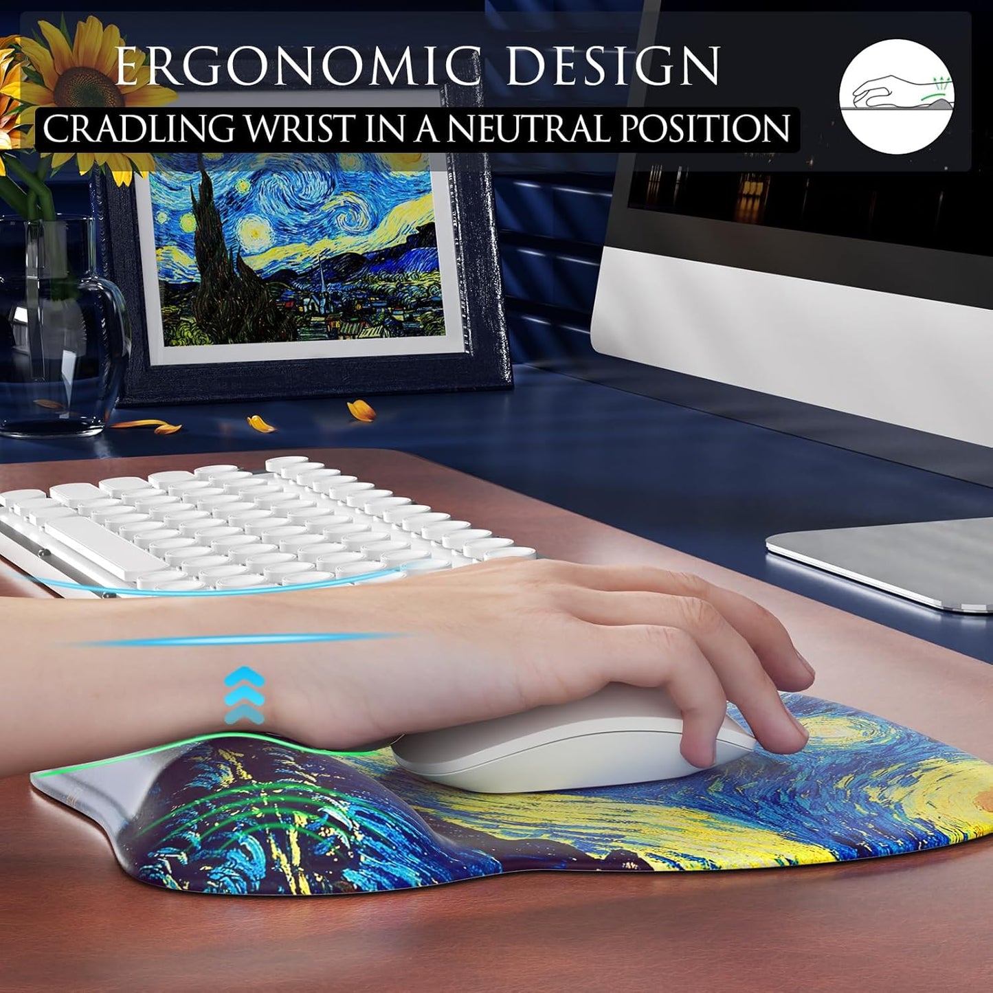 MROCO Ergonomic Mouse Pad with Gel Wrist Rest, Smooth Wrist Support Surface, Non-Slip PU Base for Pain Relief, Comfortable Mousepad for Computer, Laptop, Office & Home, 9.4 x 8.1 in, Black