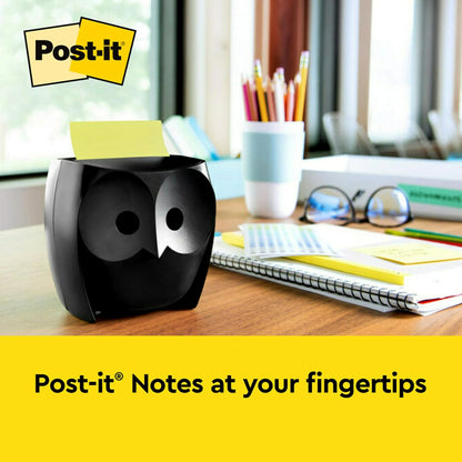 Post-it Note Dispenser, Sticky Note Holder, Black Owl Design, Includes 45 Sheets of 3 in x 3 in Citron Yellow Pop-Up Notes, Classroom or Office Supplies