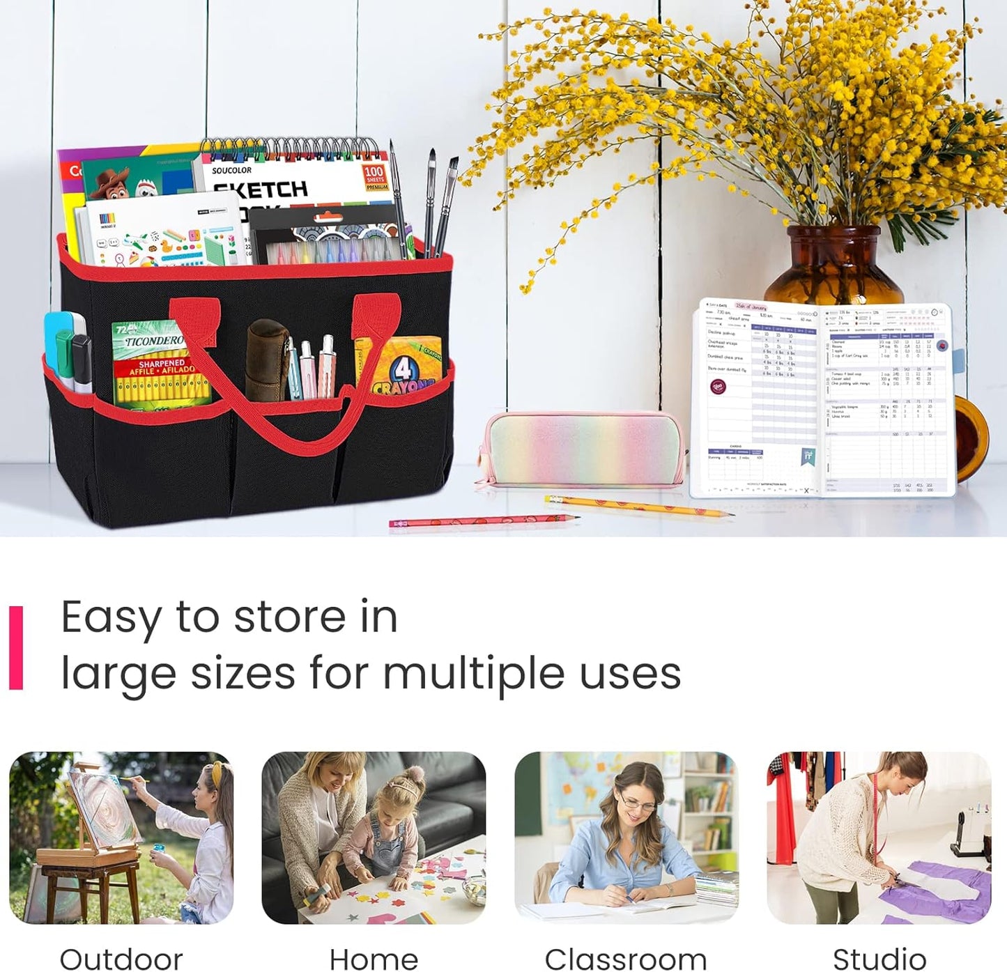Desktop Tote and Stock Organizer, Teacher Helper Tote Bag Organization for Arts, Books, Stationery, Office Desk Organizer, Make-up Storage Tote with Handles for Travel, Black-Gray