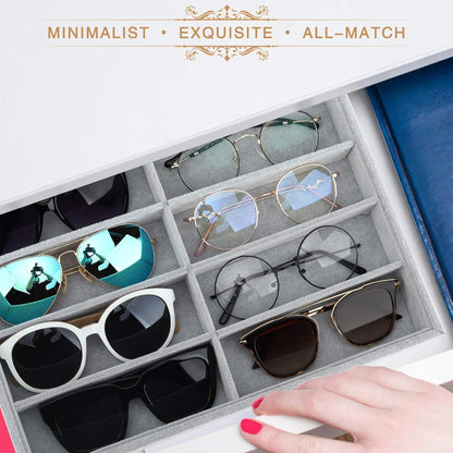 Emibele Glasses Organizer Jewelry Tray, 8 Grids with Clear Lid Velvet Tray Watch Storage Stackable Jewelry Showcase Display Storage with Detachable Inner Dividers, Beige