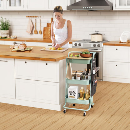 DTK 3 Tier Metal Utility Rolling Cart with Table Top and Side Bags, Tray Storage Organizer Wheels, Art Craft 4 Hooks for Kitchen Bathroom Office Living Room (Black)