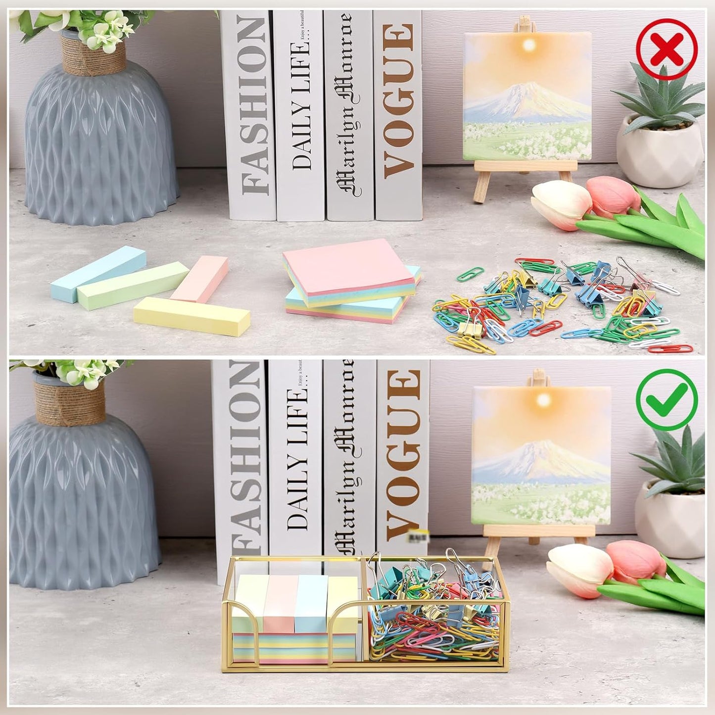 Glass Sticky Note Holder, Gold Post It Note Dispenser for Desk,3 x 3 Inch Post It Note Holder,Stylish Sticky Note Dispenser for Home Office Desk