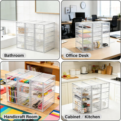 Prsildan Acrylic Drawer Makeup Organizer with 6 Drawers (Not for Baby Bottle), Set of 2 Office Desk Organizers Accessories, Clear Stackable Storage Drawers for Vanity, Craft (Largest Drawer 4" Tall)