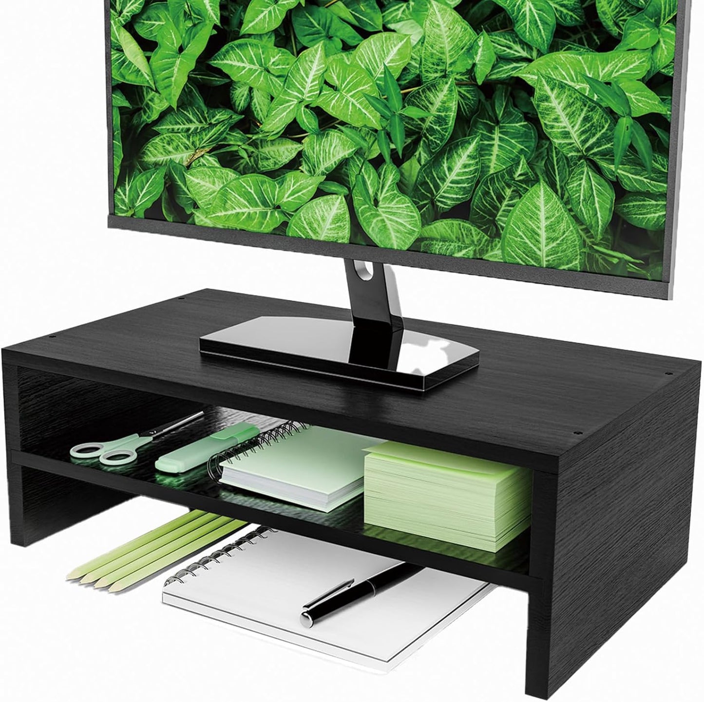 Simple Trending Wood Monitor Stand Riser with Drawer and Pen Holder, Desk Organizer for Home Office, Black