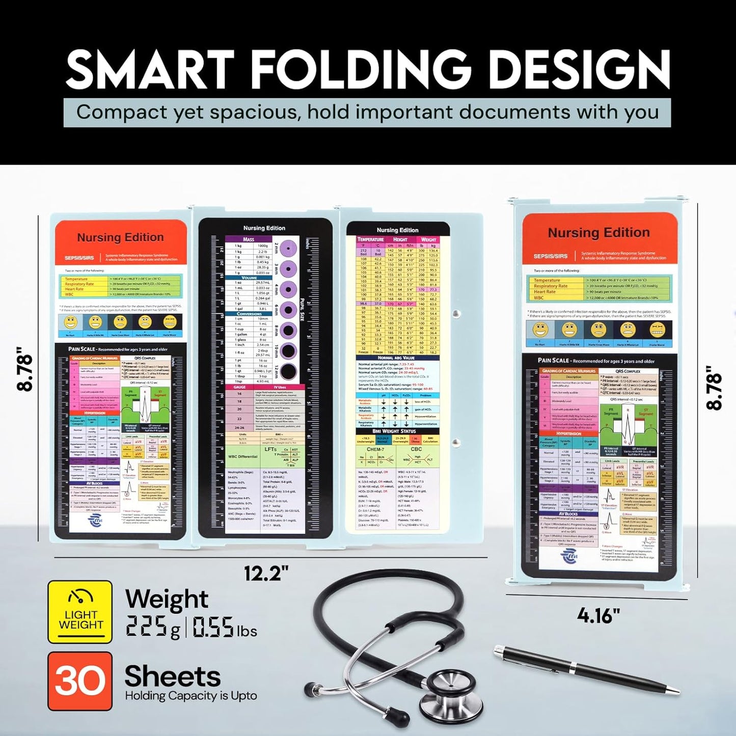 Nursing Clipboard Foldable with Medical Edition Cheat Sheets, 3 Layers Aluminum Foldable Clipboard for Nursing, Notepad for Students, Nursing School Essentials (Black)