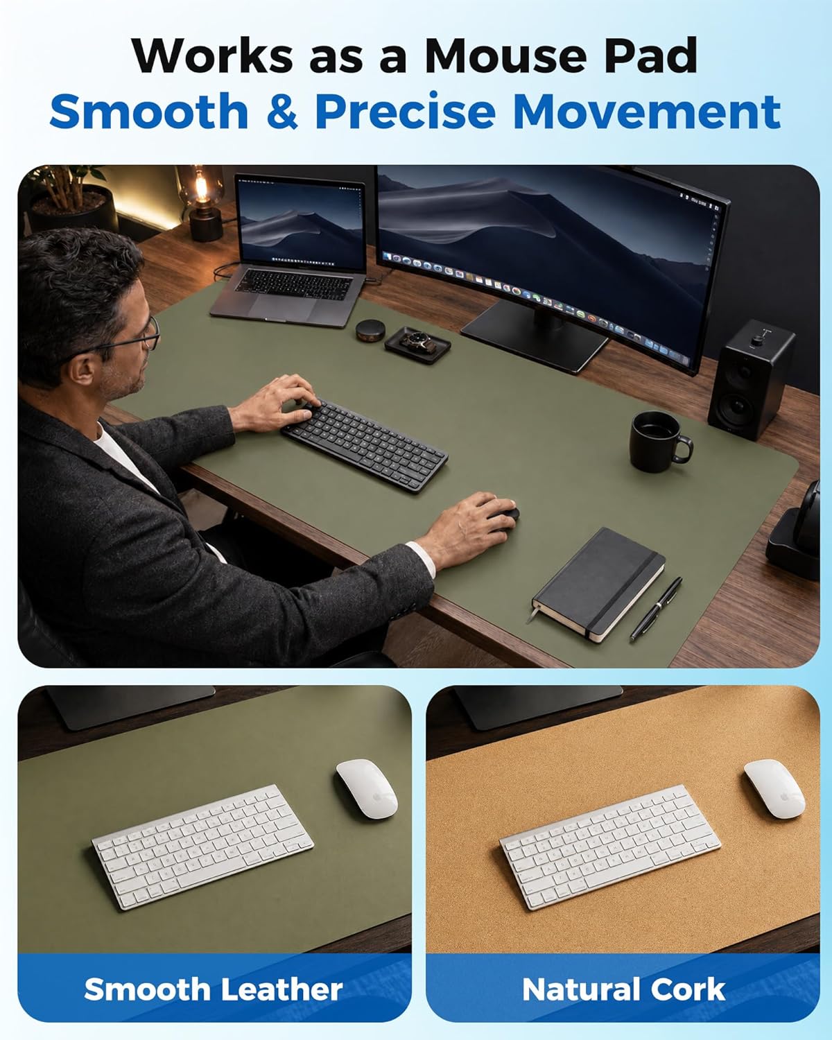 Aothia Dual-Sided Desk Pad - 25.6x13.7 inches Leather Desk Mat, Natural Cork Desk Pad Protector, Large Mouse Pad for Desk, Waterproof Desk Blotter Pad, Desk Writing Pad for Office Work/Home, Black