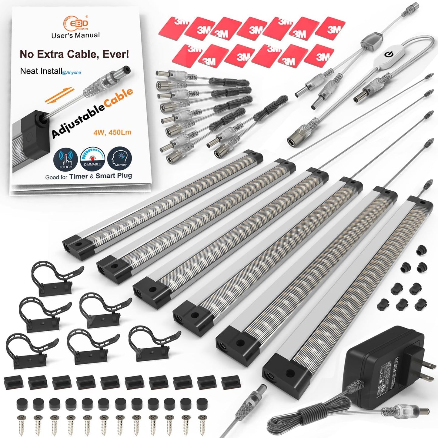 EBD LED Light Bar Built-in Adjustable Cable 12 Pcs Corner Input Under-Counter Light fixtures Work Bench linkable Touch Lights 3000K 5400 Lm Super Bright for Pantry Garage Shelves Closet Shelf