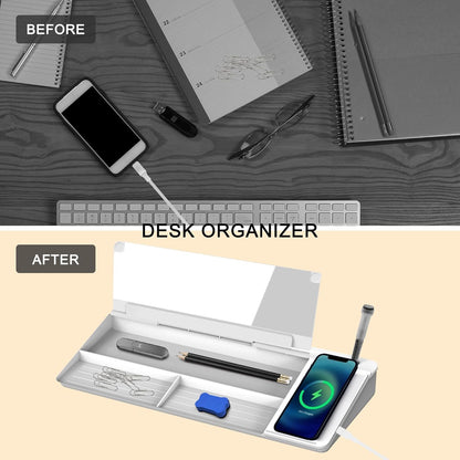 SELEAD Desktop Glass Whiteboard with Wireless Charger Station, Dry Erase Board Computer Pad Keyboard Stand with Organizer for Home, School, Office Desk Accessories, Black