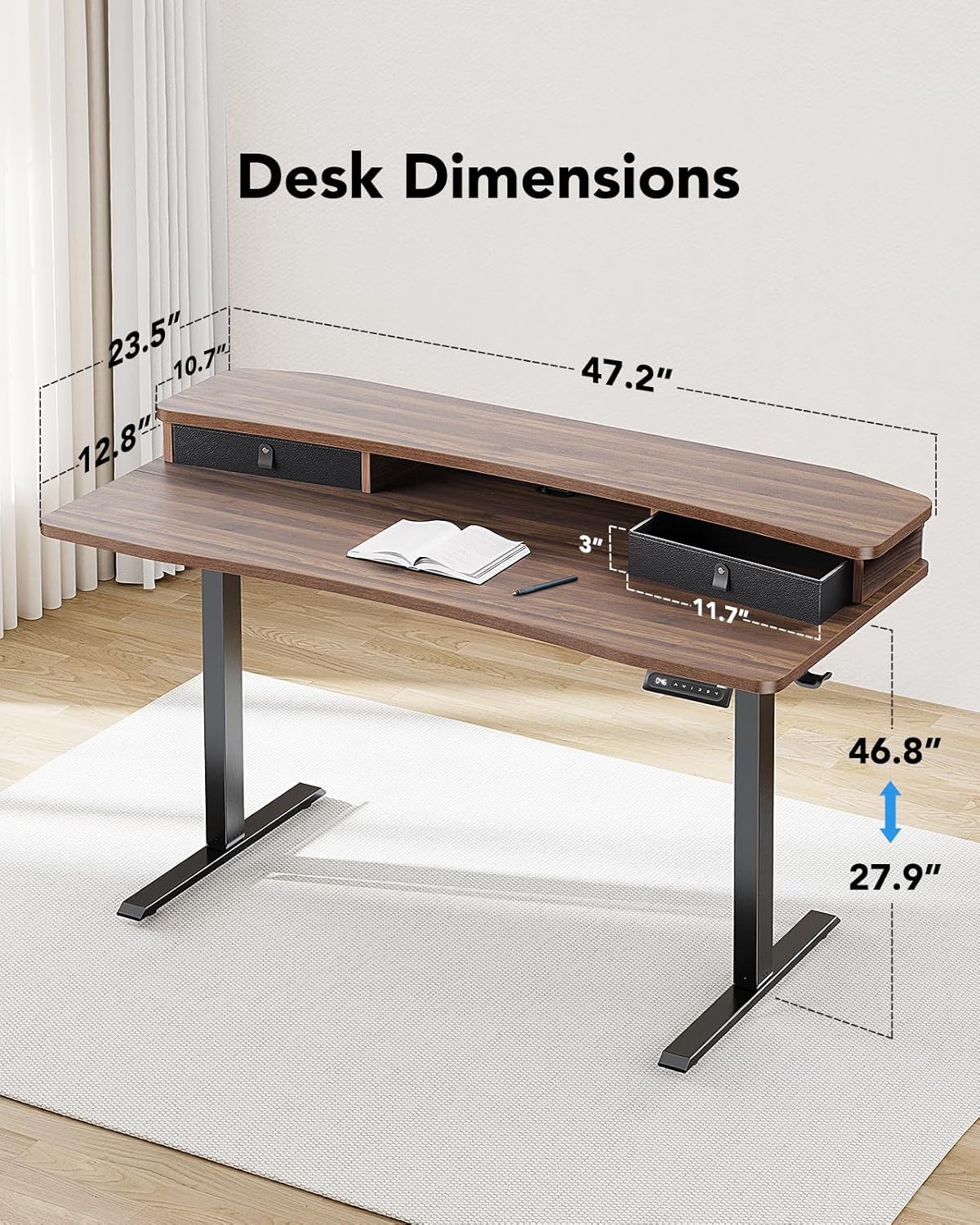 HUANUO 48″ x 24″ Electric Standing Desk with 2 Drawers, C-Clamp Mount Compatible, Height Adjustable Computer Desk, Home Office Stand Up Desk with 4 Preset Heights & 2 Hooks, Black